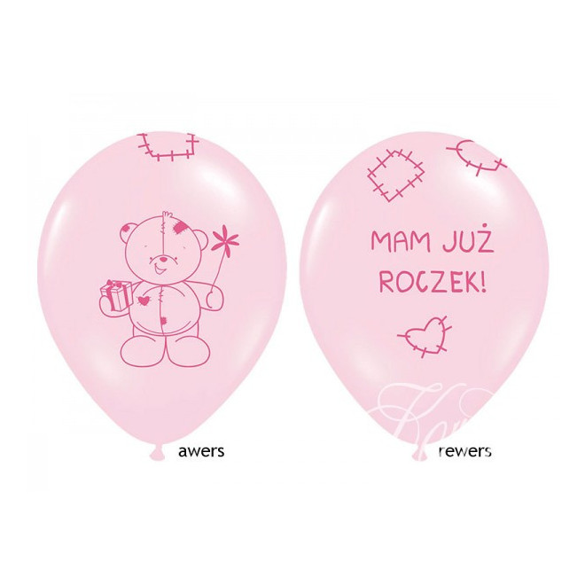 Balony 14" "Miś - mam już roczek" urodziny chrzest - różowe 1szt