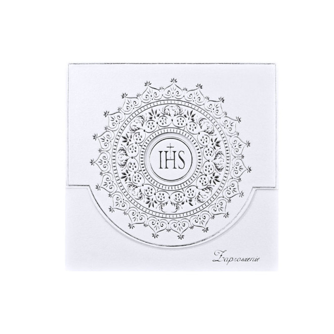 Zaproszenia komunijne z ornamentem srebrnym, białe 10 szt