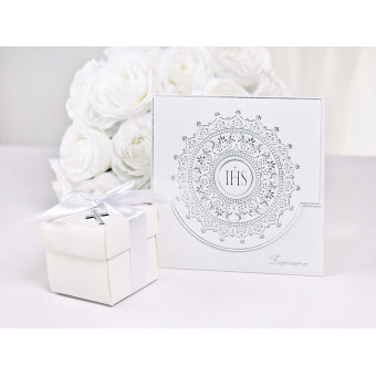 2Zaproszenia komunijne z ornamentem srebrnym, białe 10 szt