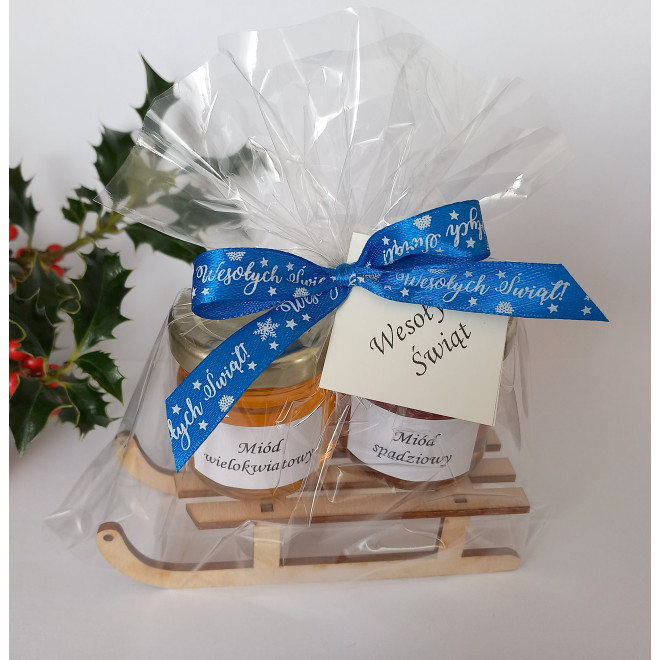 Miodek 2 w słoiczku na saneczkach Boże Narodzenie - podziękowania - niebieski